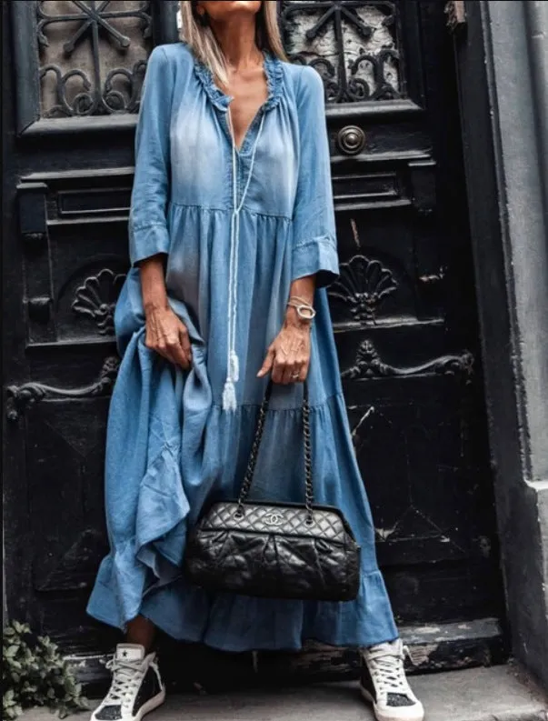 2710# Seven-quarter Sleeve Long Washing Cowboy Dress