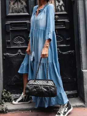 2710# Seven-quarter Sleeve Long Washing Cowboy Dress
