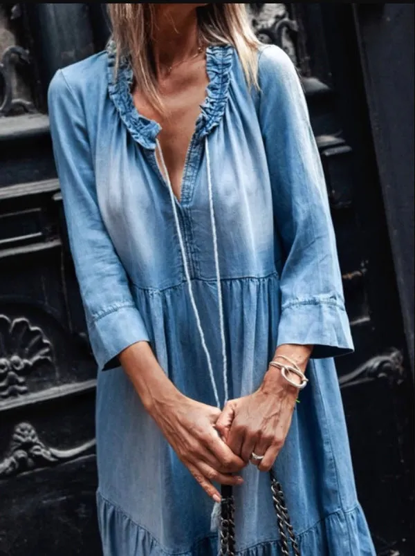2710# Seven-quarter Sleeve Long Washing Cowboy Dress