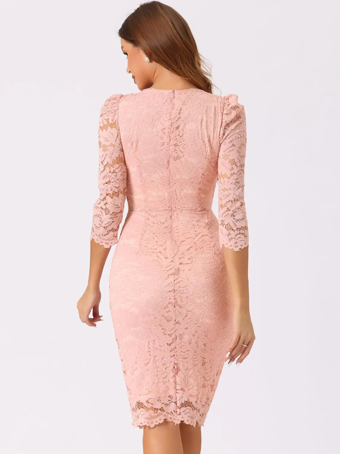 Allegra K Women's Elegant Lace Dress 3/4 Sleeve Business Wedding Guest Cocktail Bodycon Dress