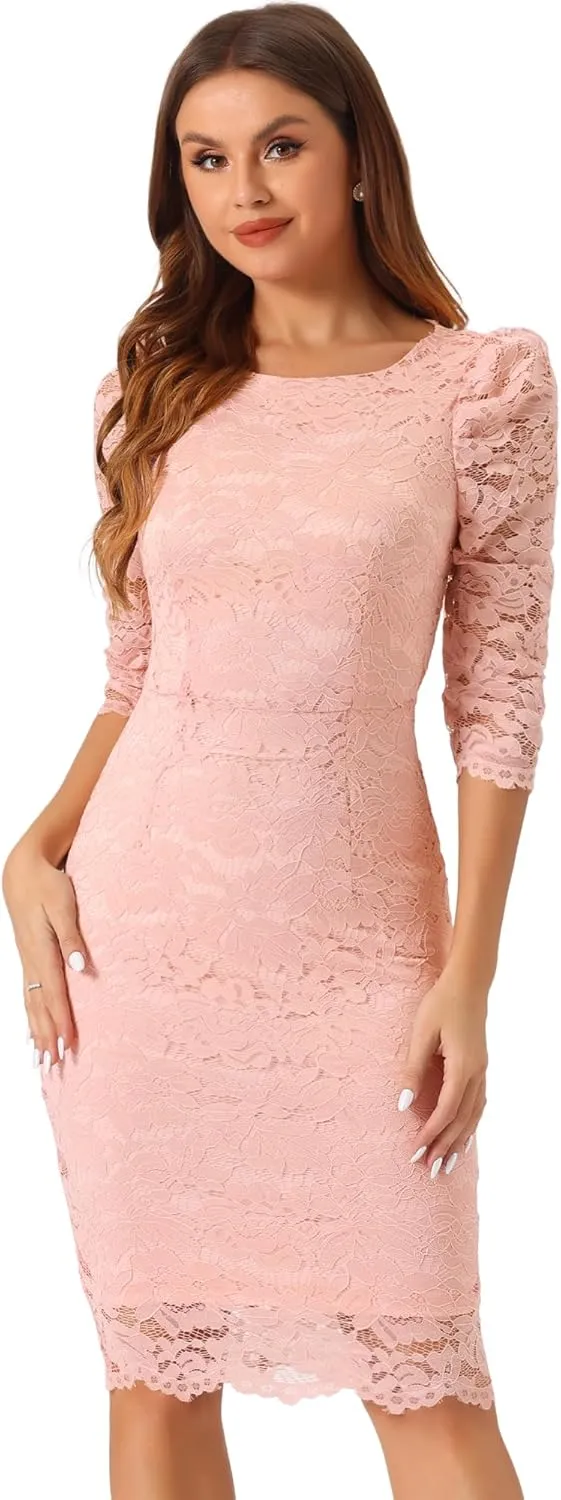 Allegra K Women's Elegant Lace Dress 3/4 Sleeve Business Wedding Guest Cocktail Bodycon Dress
