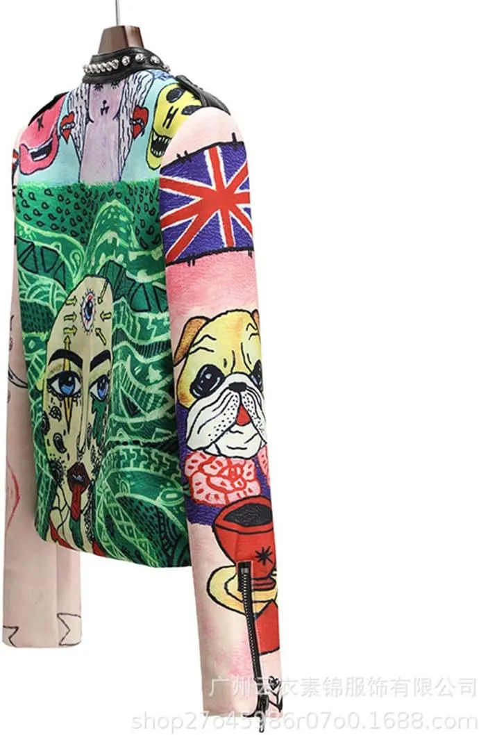 Alloaone Women's Leather Jacket Chic Poker Graffiti Print Rivet Rock Show Costume Moto Biker Woman Coat