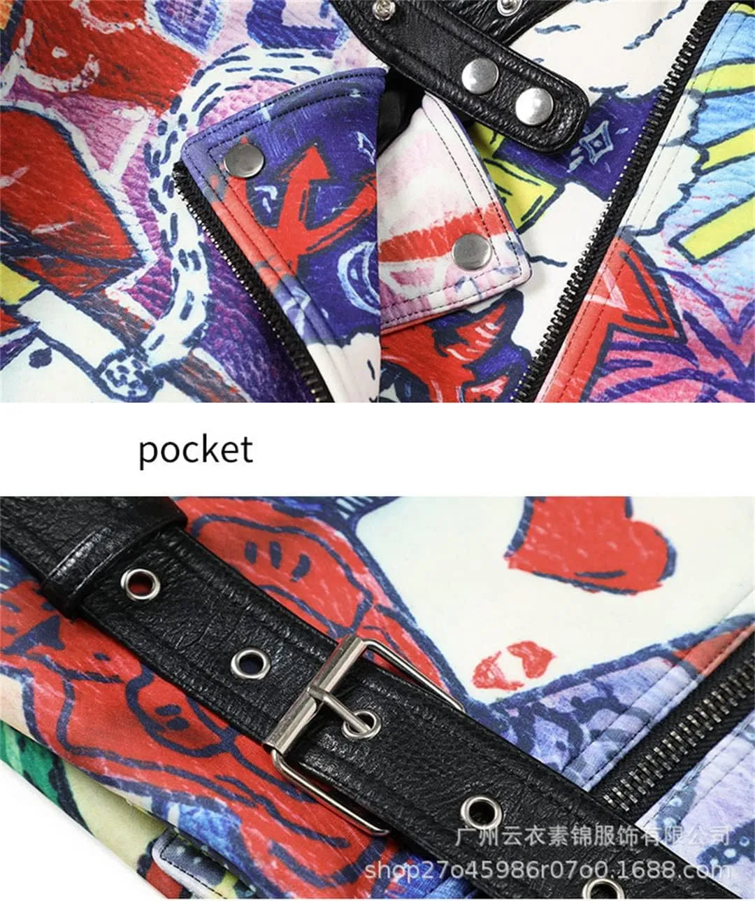 Alloaone Women's Leather Jacket Chic Poker Graffiti Print Rivet Rock Show Costume Moto Biker Woman Coat