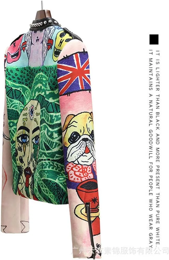 Alloaone Women's Leather Jacket Chic Poker Graffiti Print Rivet Rock Show Costume Moto Biker Woman Coat