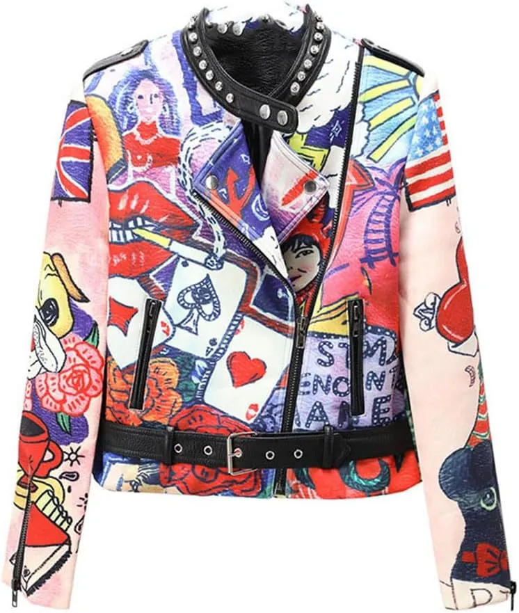 Alloaone Women's Leather Jacket Chic Poker Graffiti Print Rivet Rock Show Costume Moto Biker Woman Coat