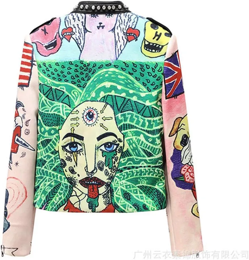 Alloaone Women's Leather Jacket Chic Poker Graffiti Print Rivet Rock Show Costume Moto Biker Woman Coat