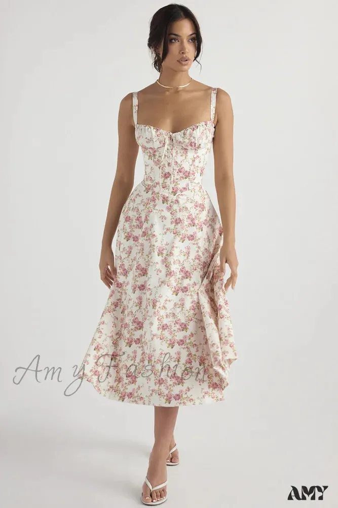 Amy Fashion - Floral Print Split Spaghetti Strap Sleeveless Midi Dress