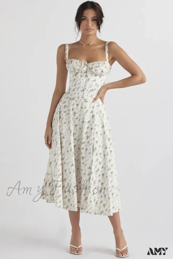 Amy Fashion - Floral Print Split Spaghetti Strap Sleeveless Midi Dress