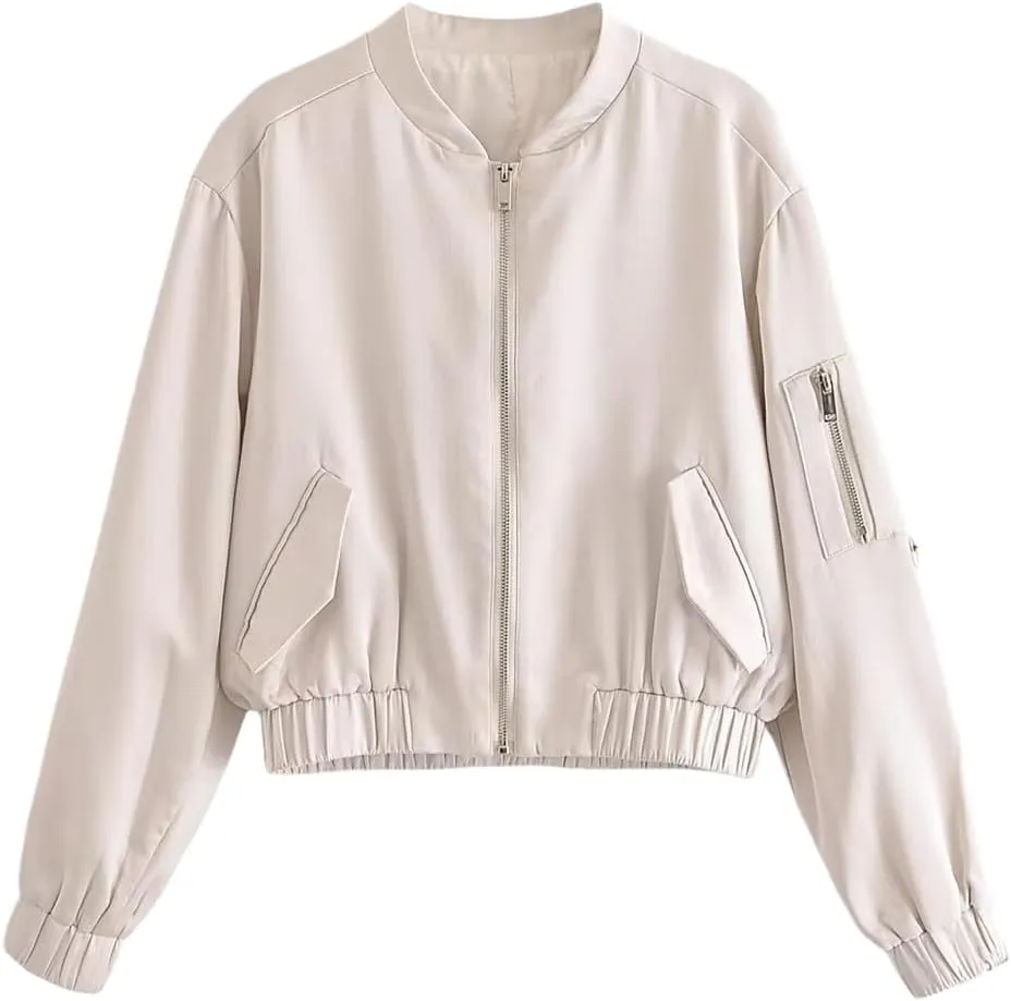 Apricot Satin Jacket Women's Chic Cropped Bomber Jacket
