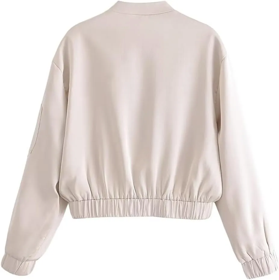 Apricot Satin Jacket Women's Chic Cropped Bomber Jacket