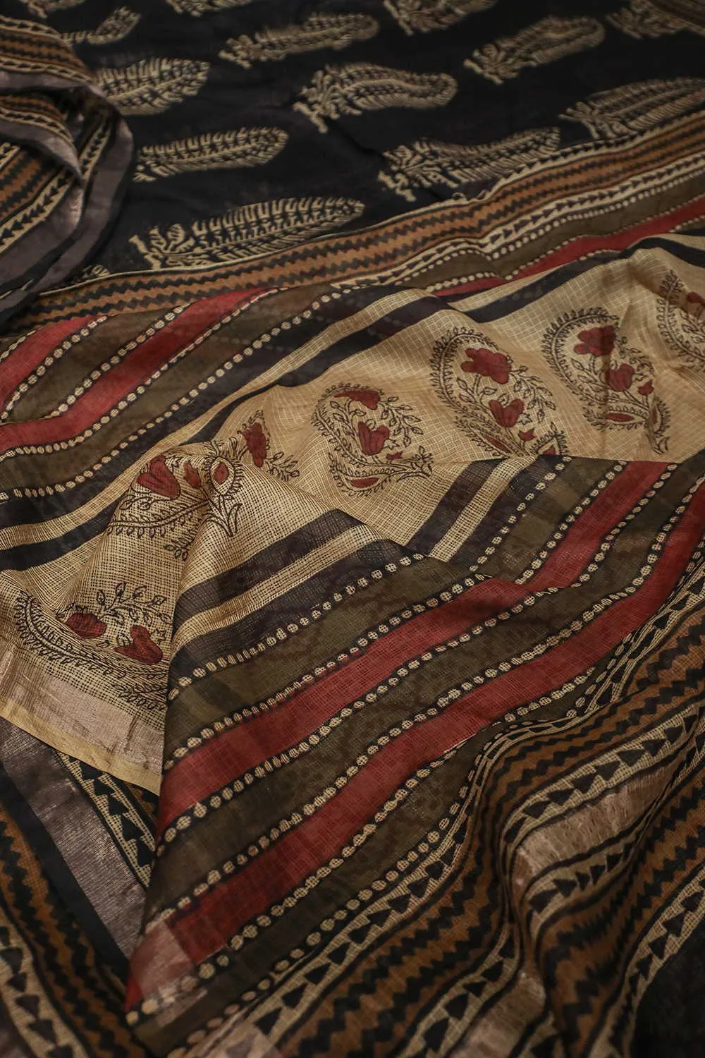 Big Butta on Black Block Printed Kota Silk saree