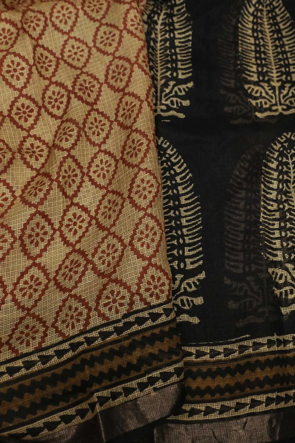 Big Butta on Black Block Printed Kota Silk saree