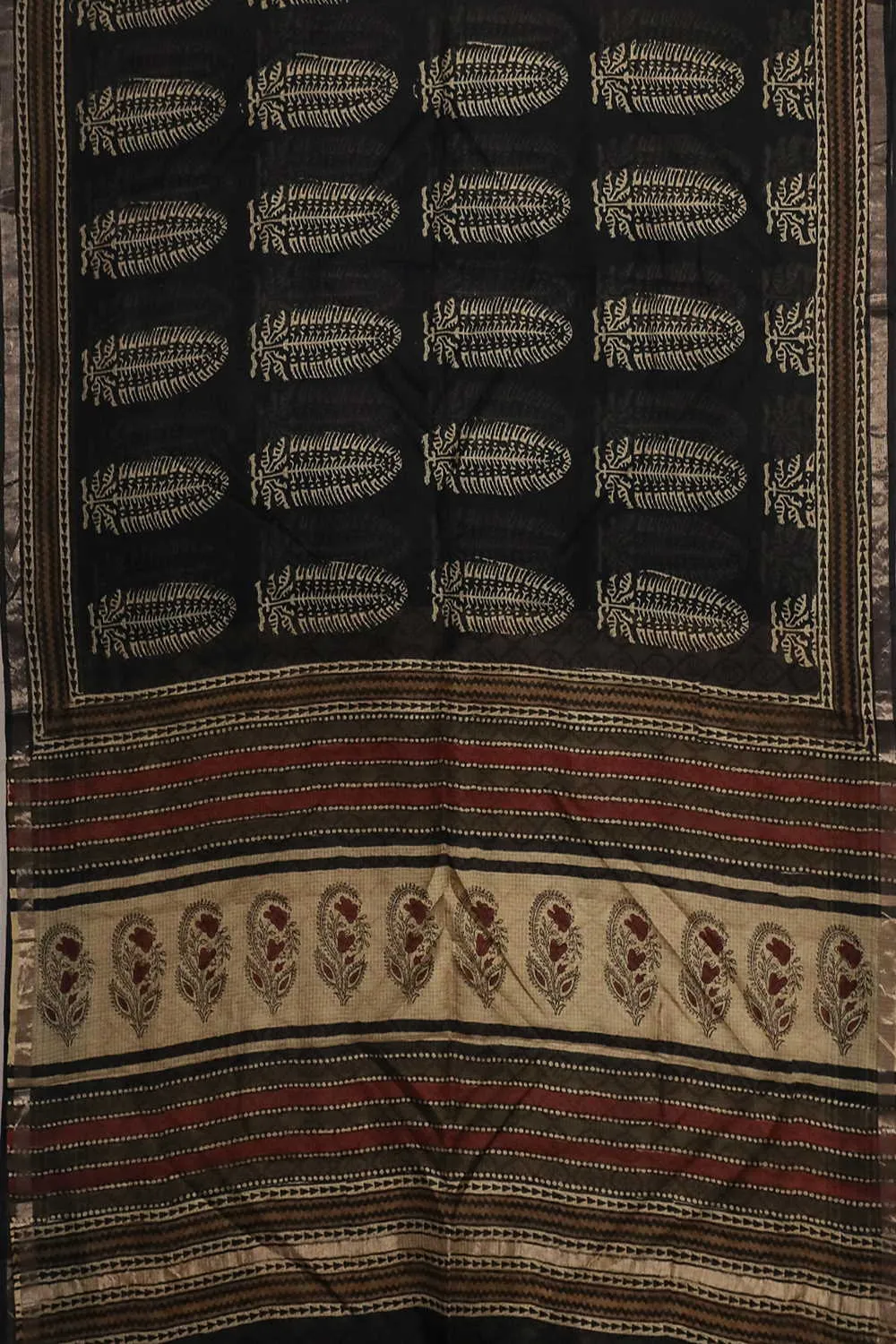 Big Butta on Black Block Printed Kota Silk saree