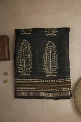 Big Butta on Black Block Printed Kota Silk saree