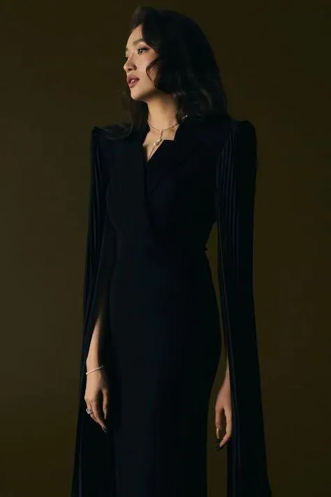 Black elegant long sleeve pleated dress- Ilia