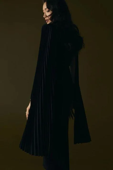 Black elegant long sleeve pleated dress- Ilia