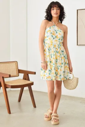 Boho Floral Print Halter Tying Strap Open Back Dress