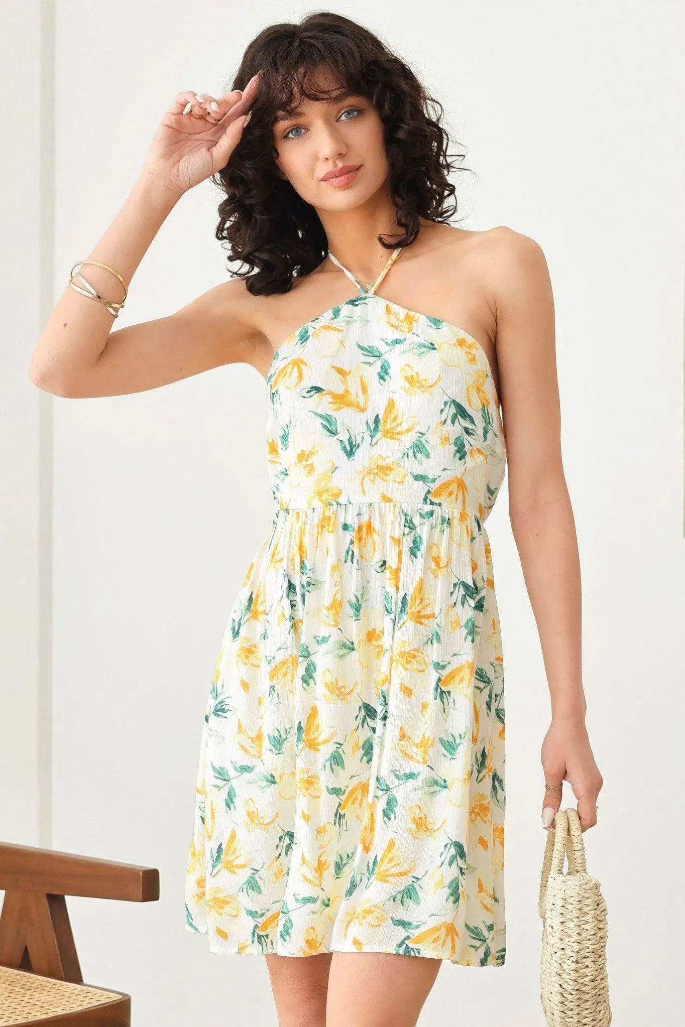 Boho Floral Print Halter Tying Strap Open Back Dress