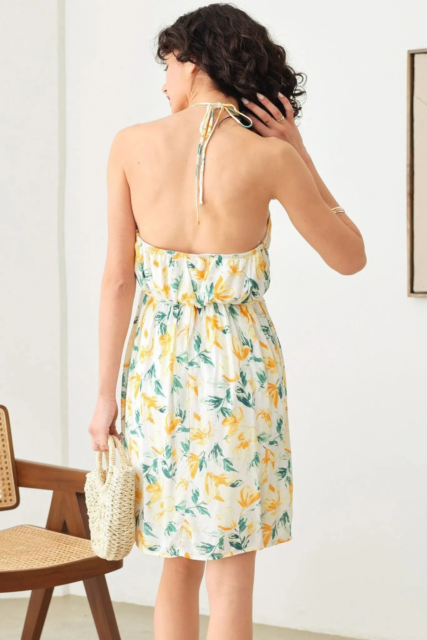 Boho Floral Print Halter Tying Strap Open Back Dress