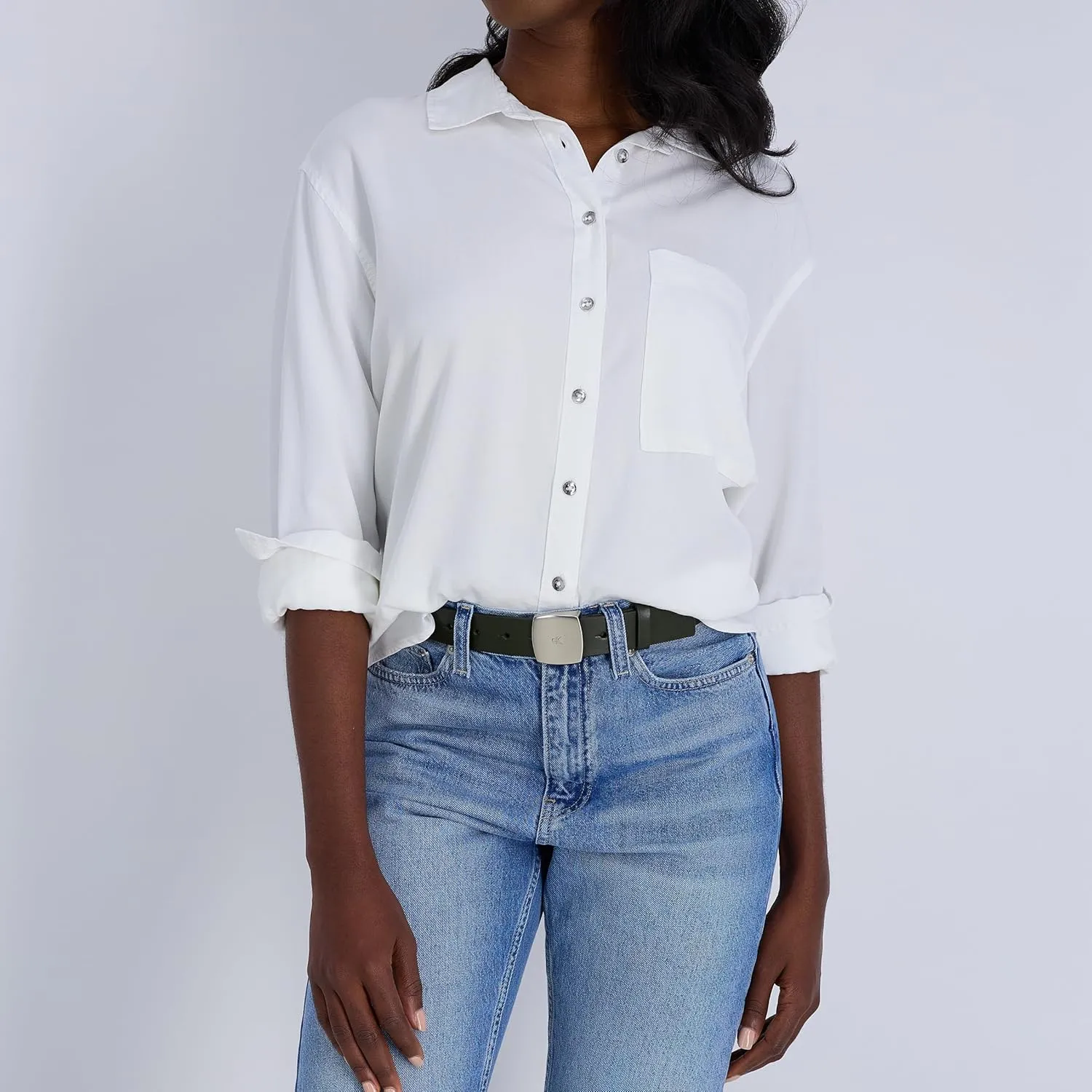 Calvin Klein Women's Casual Plaque Buckle Ck Jeans Belt
