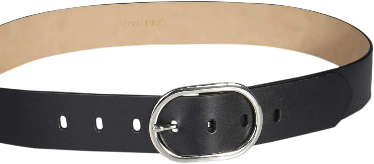 Calvin Klein Women's Oval Center Bar Buckle Leather Fashion Belt for Trousers and Dresses