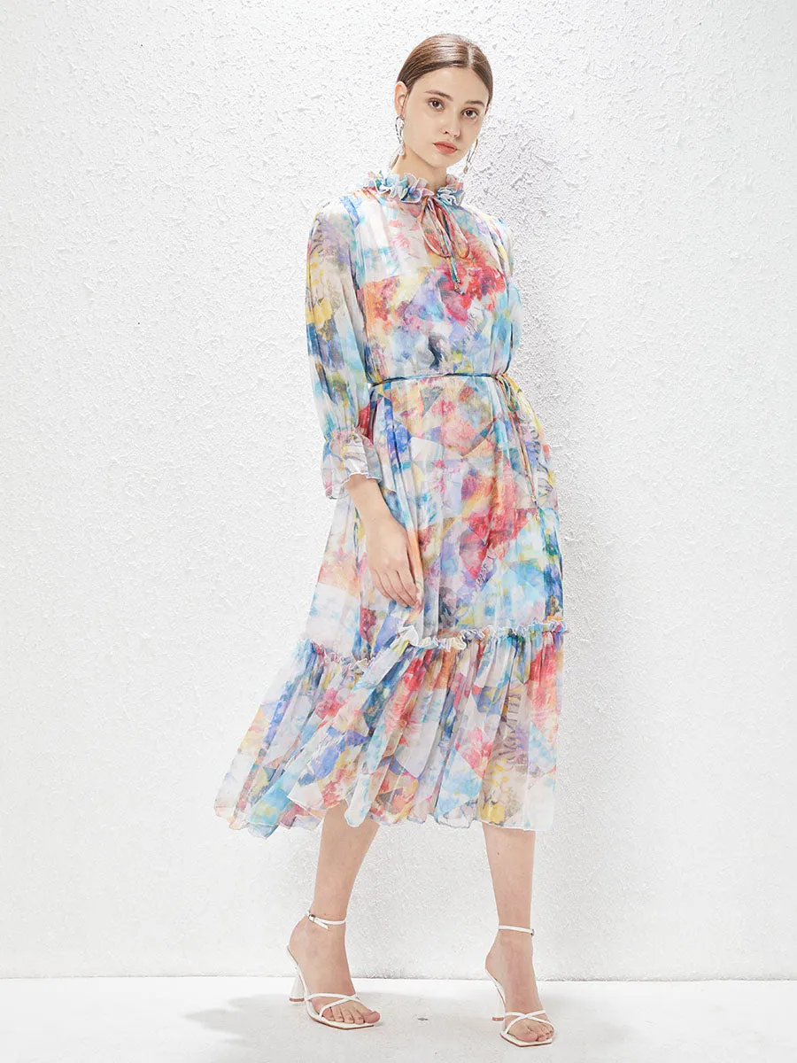 Chiffon Ruffles Collar Long Sleeves High Waist Swing Boho dress with Belt