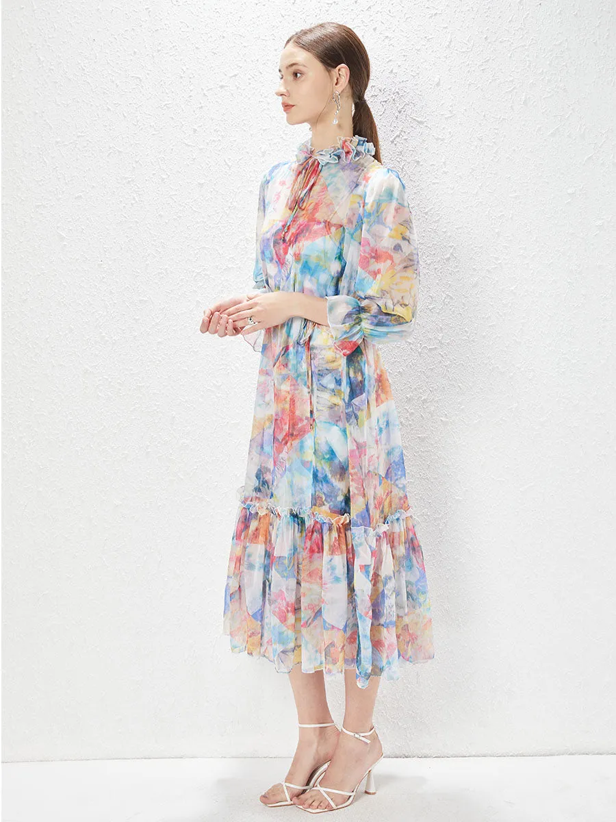 Chiffon Ruffles Collar Long Sleeves High Waist Swing Boho dress with Belt