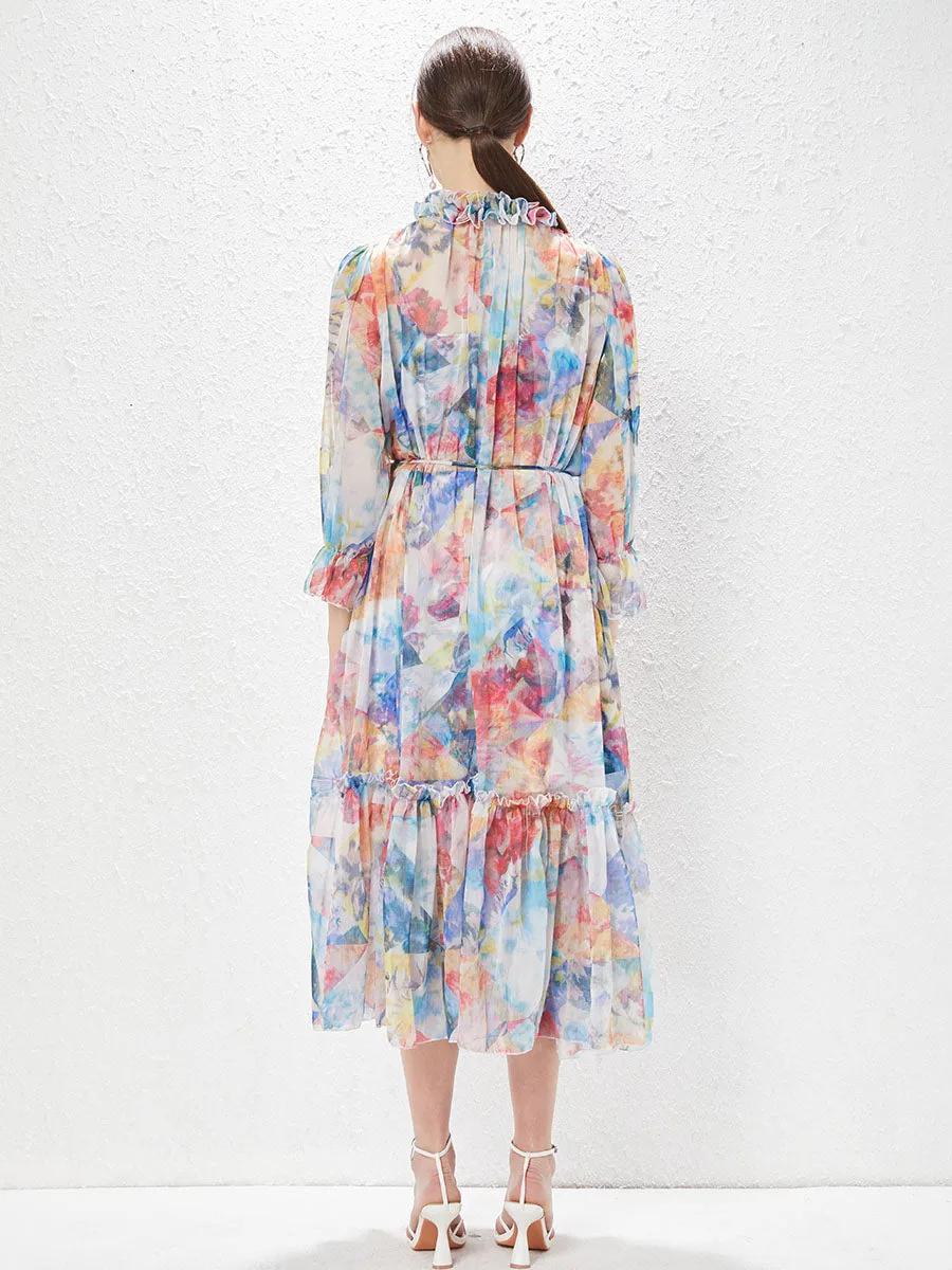 Chiffon Ruffles Collar Long Sleeves High Waist Swing Boho dress with Belt