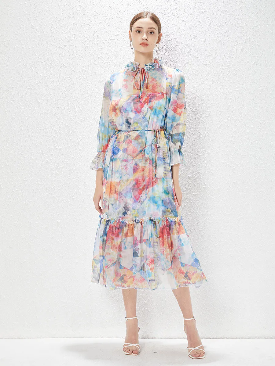 Chiffon Ruffles Collar Long Sleeves High Waist Swing Boho dress with Belt
