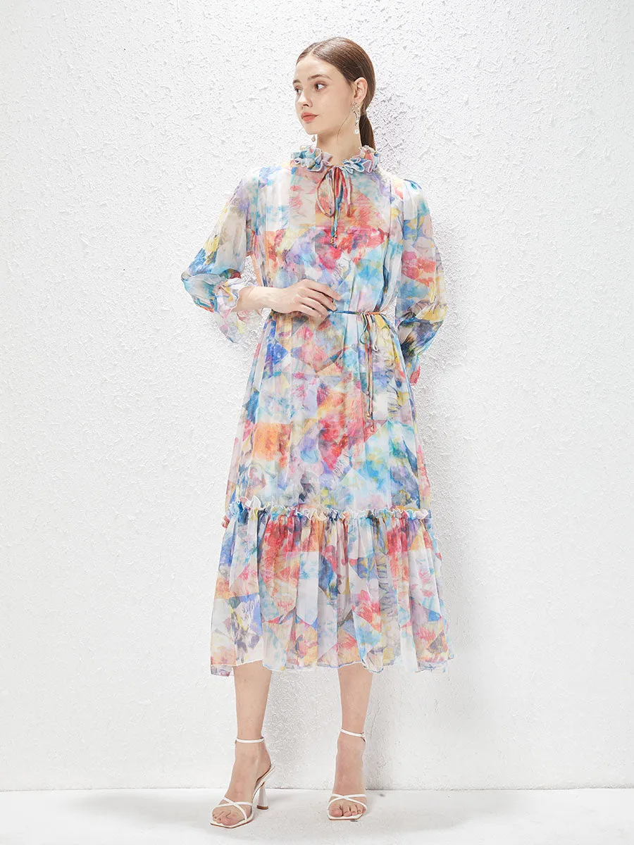Chiffon Ruffles Collar Long Sleeves High Waist Swing Boho dress with Belt