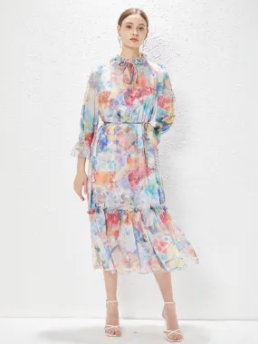 Chiffon Ruffles Collar Long Sleeves High Waist Swing Boho dress with Belt