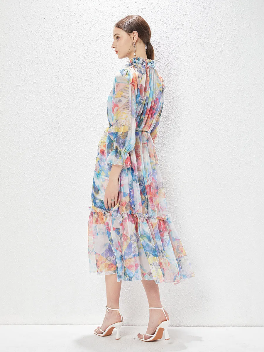 Chiffon Ruffles Collar Long Sleeves High Waist Swing Boho dress with Belt