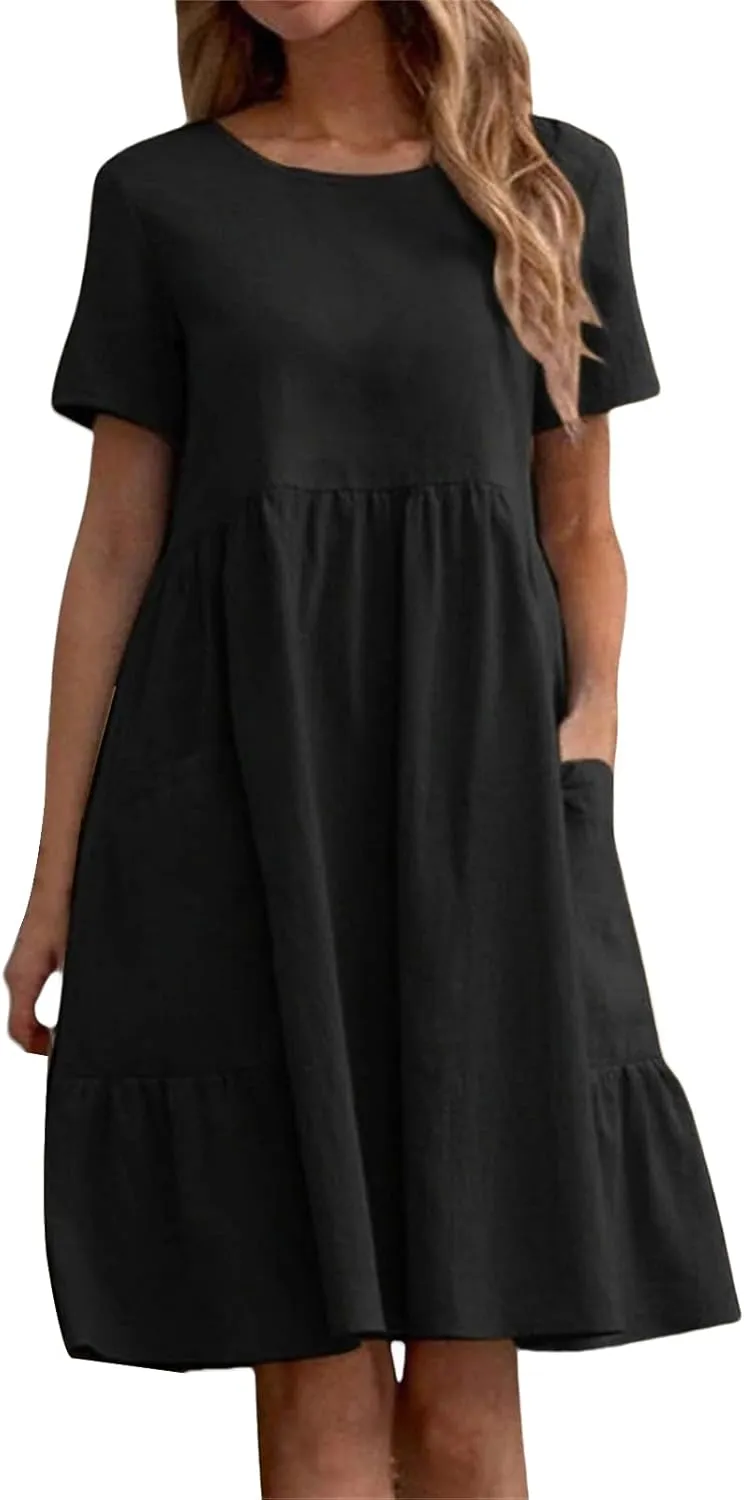 Cotton Linen Dresses Women Loose Fitting Dress Womens Dresses Tshirt Dress with Pockets Plus Size Sundresses