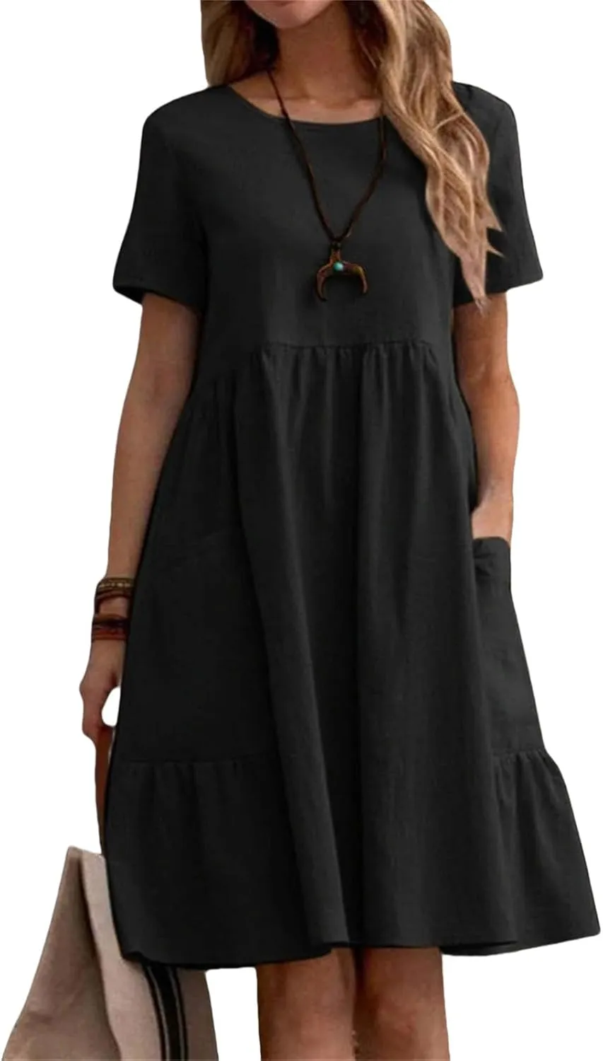 Cotton Linen Dresses Women Loose Fitting Dress Womens Dresses Tshirt Dress with Pockets Plus Size Sundresses