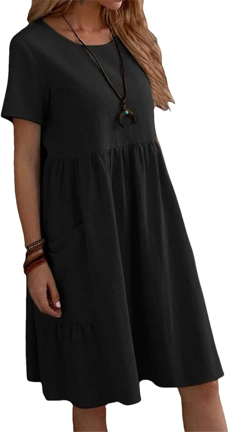 Cotton Linen Dresses Women Loose Fitting Dress Womens Dresses Tshirt Dress with Pockets Plus Size Sundresses