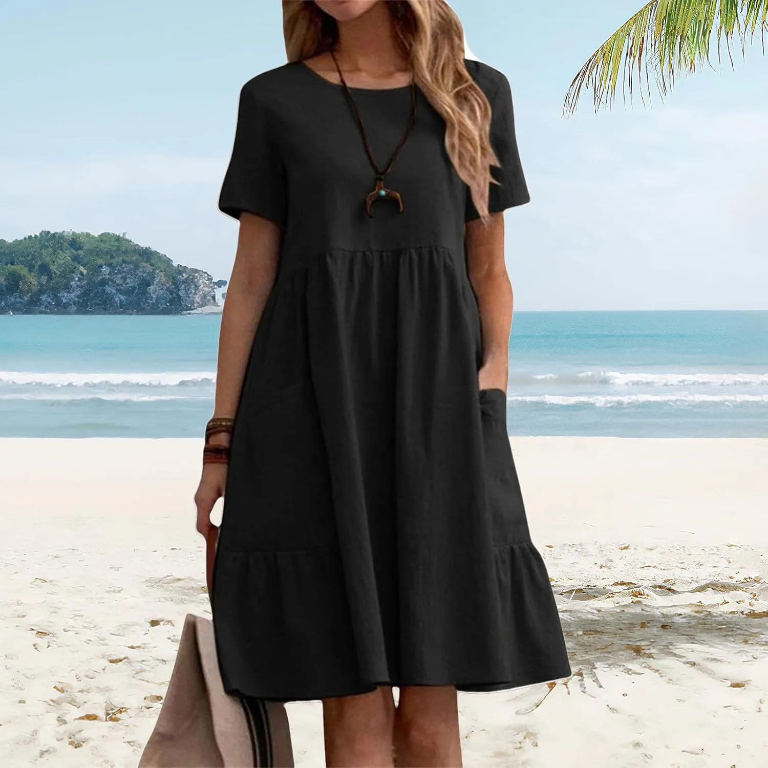 Cotton Linen Dresses Women Loose Fitting Dress Womens Dresses Tshirt Dress with Pockets Plus Size Sundresses