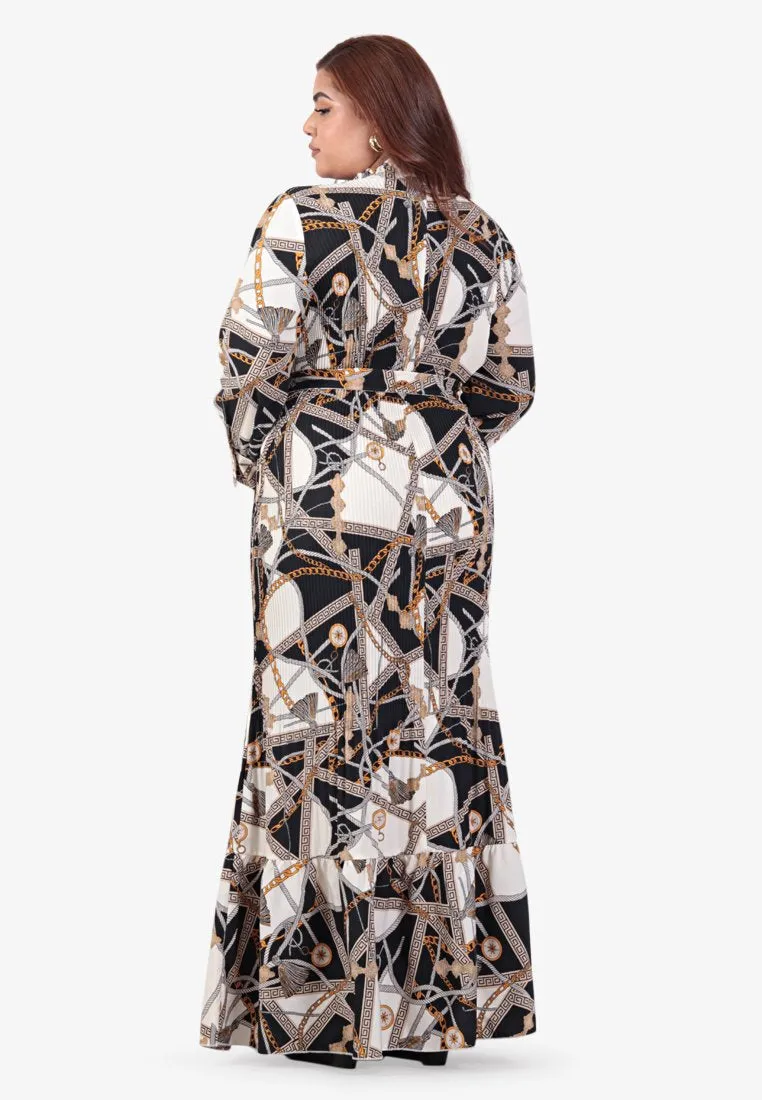Damyra Raya Pleated Prints Belted Long Dress - Black White