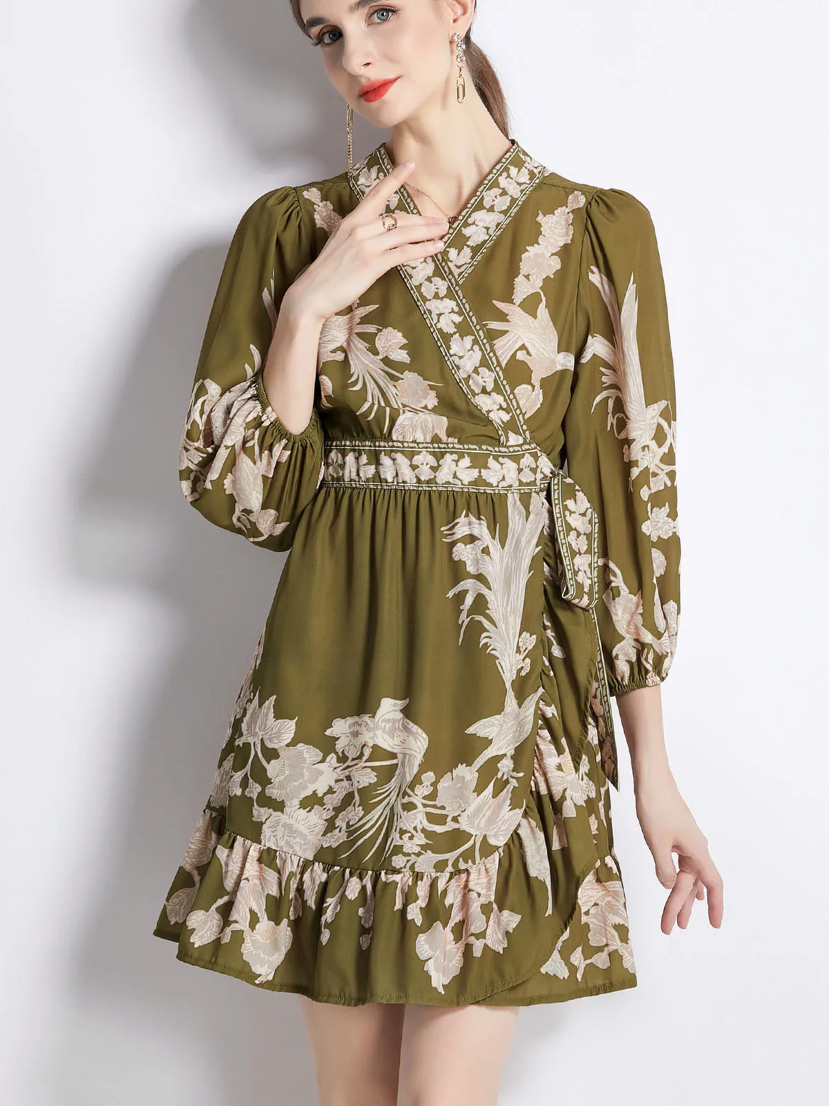 Dark Green High Waist 3/4 Sleeves Pleated Skirt Midi Length Boho Dress