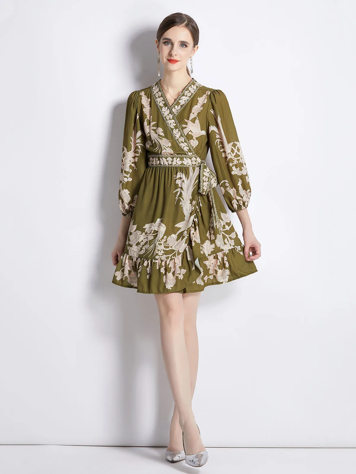 Dark Green High Waist 3/4 Sleeves Pleated Skirt Midi Length Boho Dress