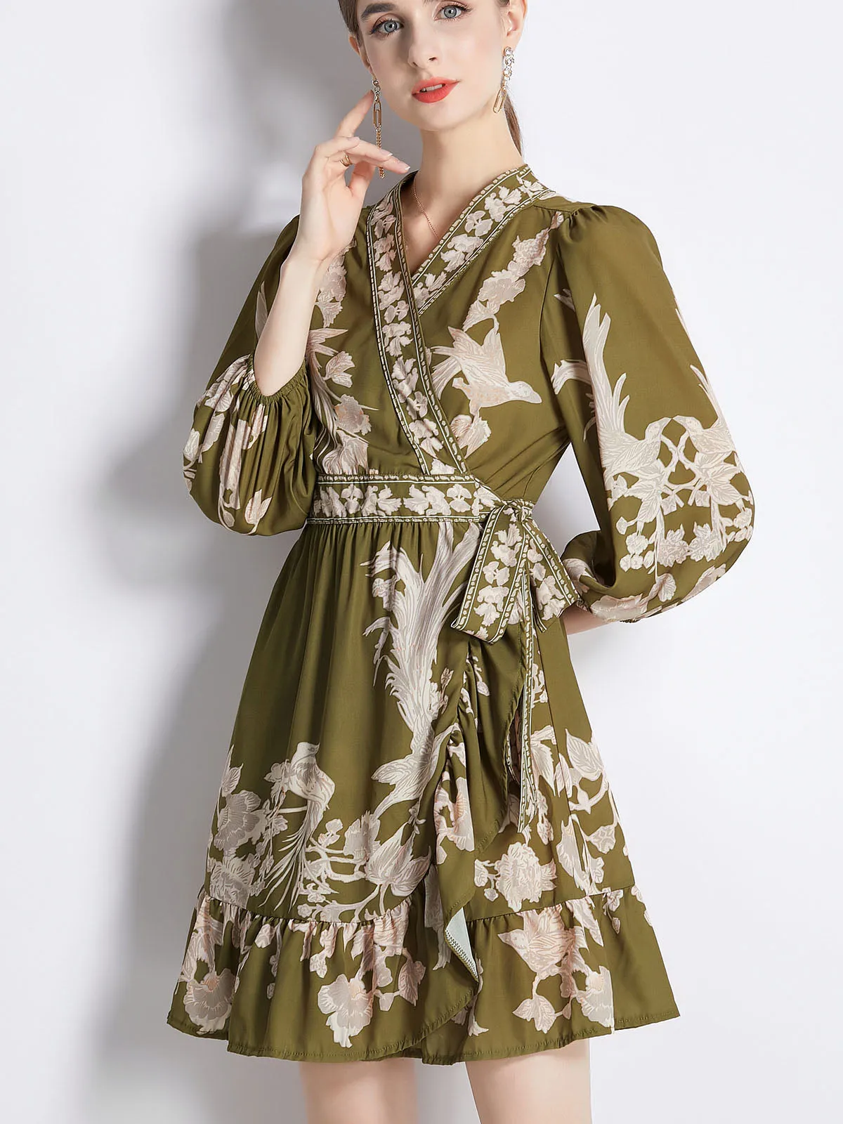 Dark Green High Waist 3/4 Sleeves Pleated Skirt Midi Length Boho Dress