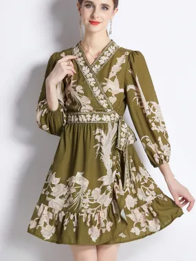 Dark Green High Waist 3/4 Sleeves Pleated Skirt Midi Length Boho Dress