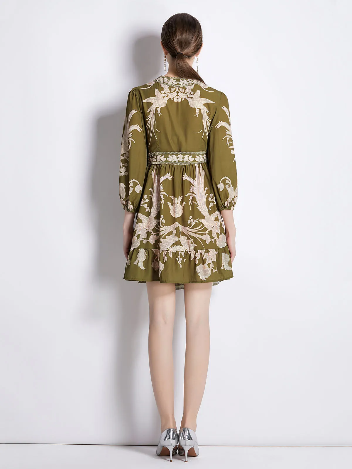 Dark Green High Waist 3/4 Sleeves Pleated Skirt Midi Length Boho Dress