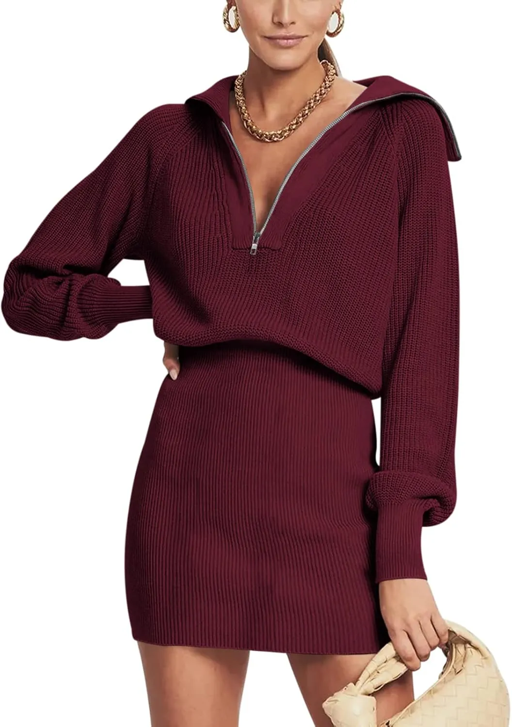 DEEP SELF Women's Casual Long Sleeve Bodycon Sweater Dresses Fall Half Zip V Neck Slim Fit Ribbed Knitted Mini Dress