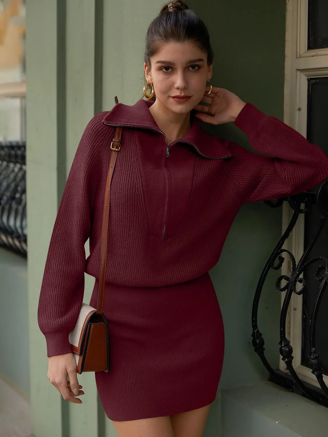 DEEP SELF Women's Casual Long Sleeve Bodycon Sweater Dresses Fall Half Zip V Neck Slim Fit Ribbed Knitted Mini Dress