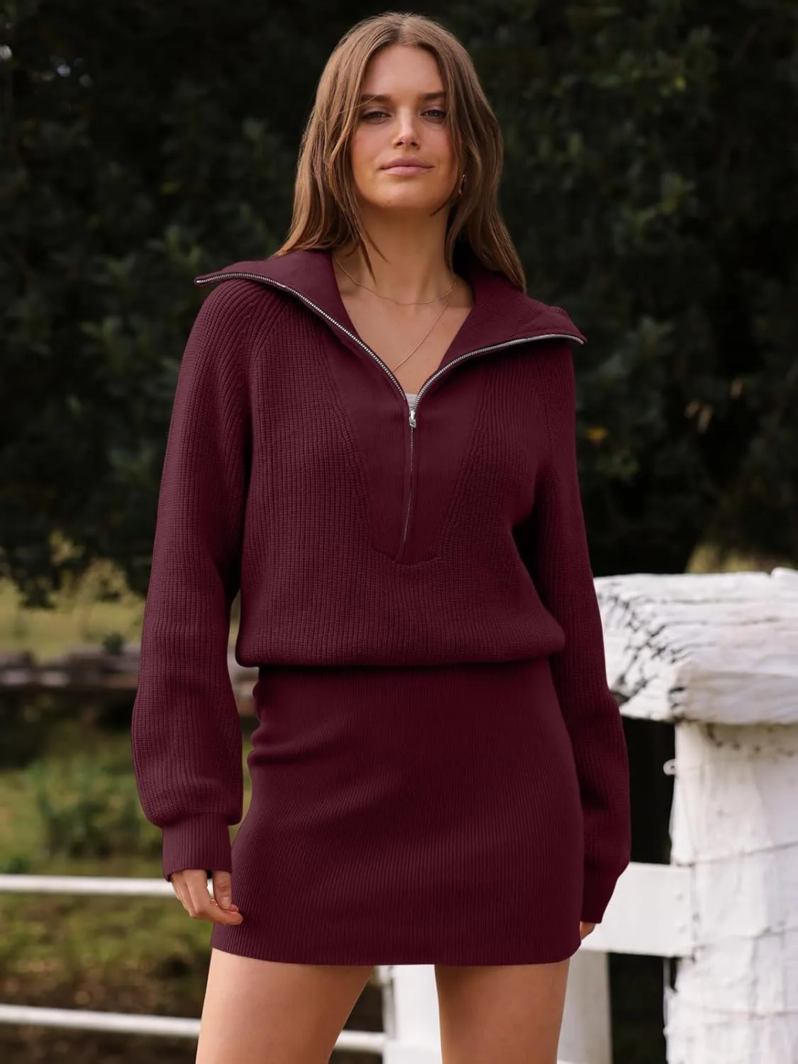 DEEP SELF Women's Casual Long Sleeve Bodycon Sweater Dresses Fall Half Zip V Neck Slim Fit Ribbed Knitted Mini Dress