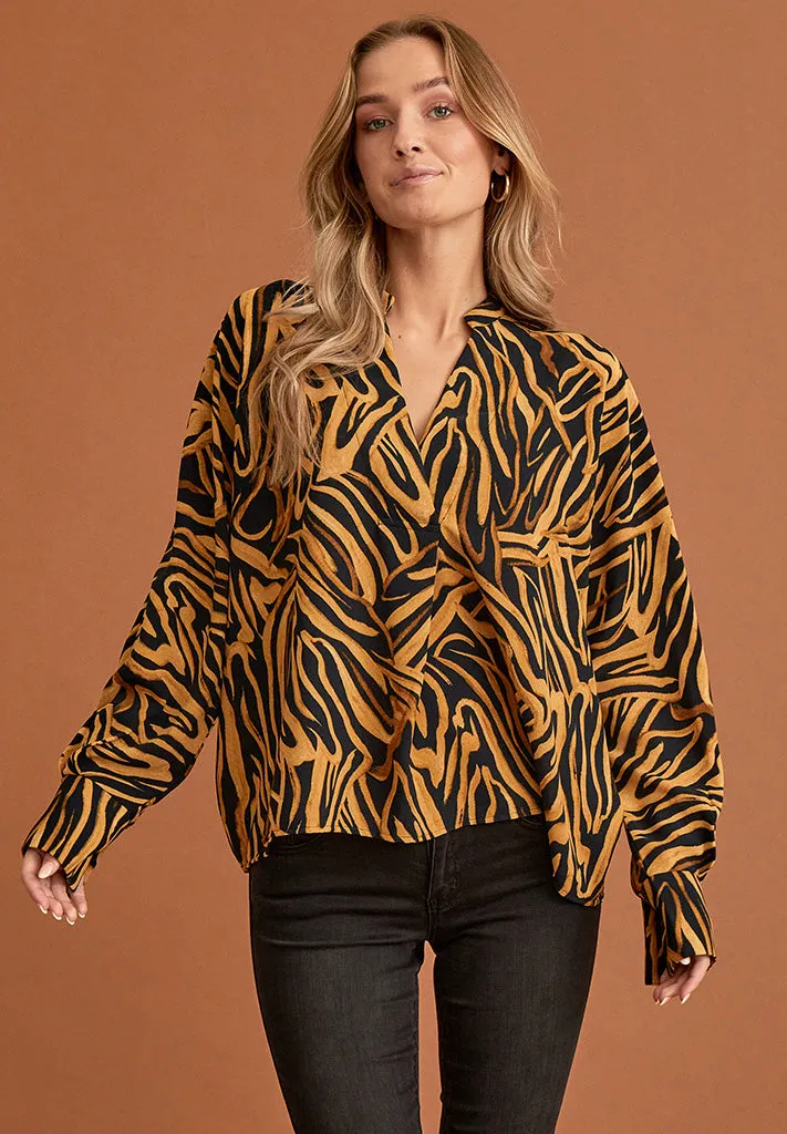 DSFaith V-Neck Long Sleeve Blouse - Black Print