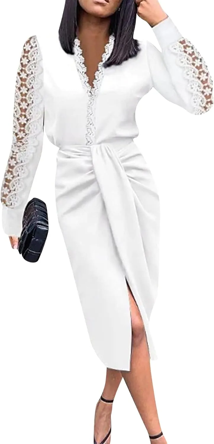 EFOFEI Women's Elegant Floral Lace Bodycon Dress Long Sleeve Cocktail Dress V Neck Evening Party Dress