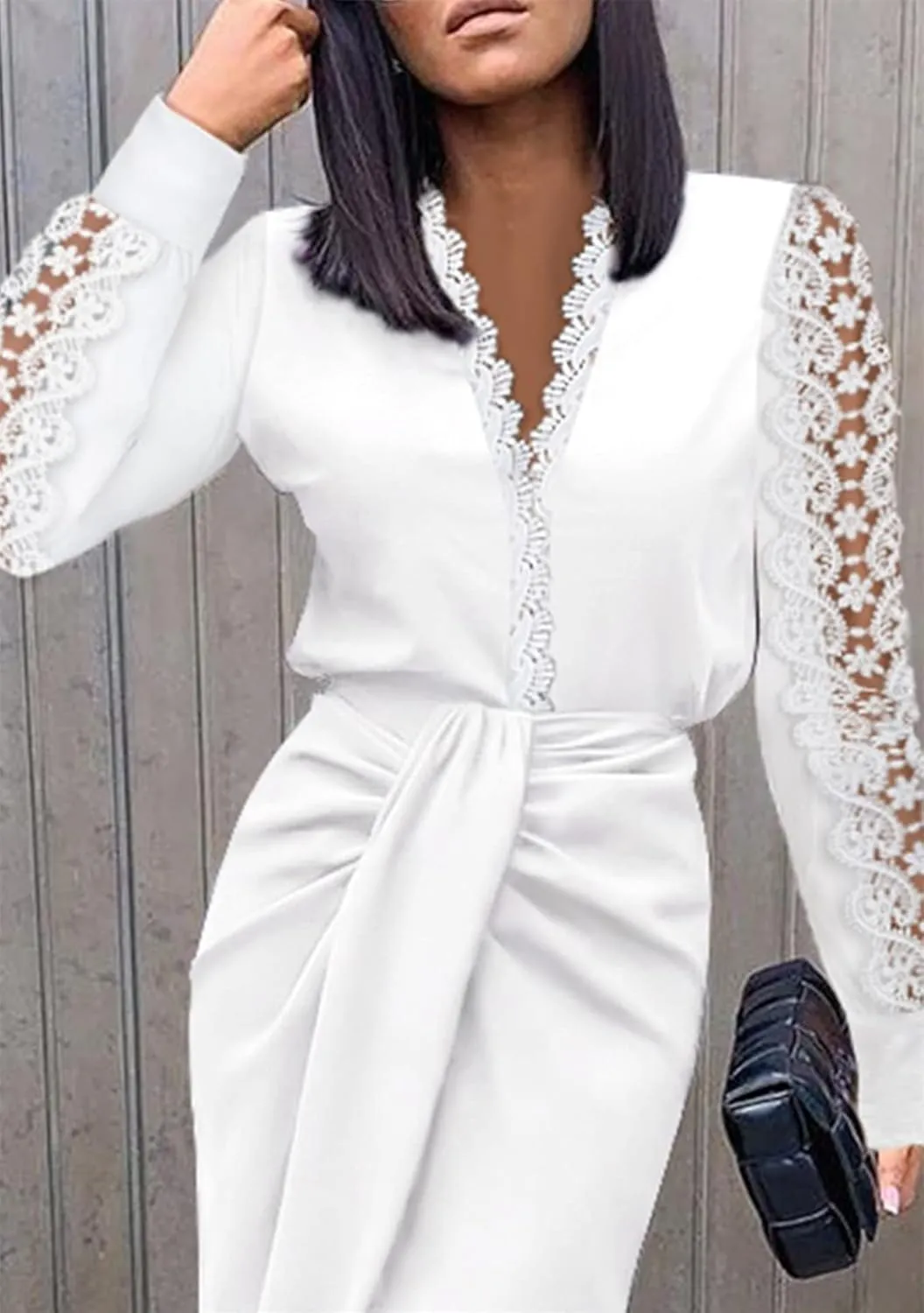 EFOFEI Women's Elegant Floral Lace Bodycon Dress Long Sleeve Cocktail Dress V Neck Evening Party Dress