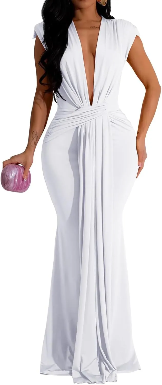 Ekaliy Elegant Bodycon Dresses for Women Deep V Neck Maxi Dress Mermaid Long Dress