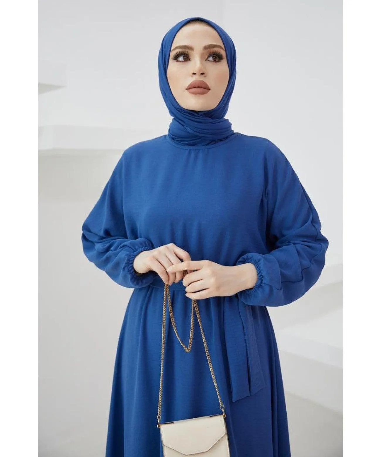 Elegant Long Dubai Abaya Dress - Blue | Stylish Belt Abaya